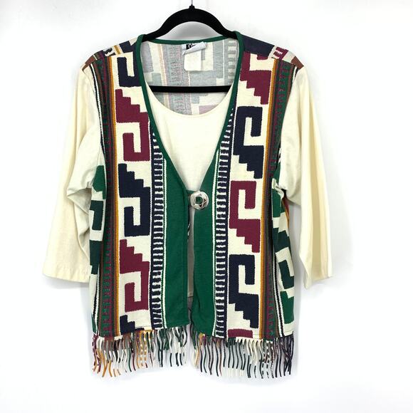 American Vintage Tops - Vintage 90s Southwestern Knit Fringe Vest Look T-Shirt Women Size Large